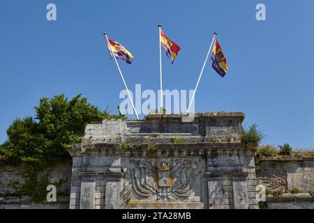 Flags at the citadel of Chateau-d'Oleron, Le Chateau-d'Oleron, Ile d'Oleron, Charente-Maritime, Nouvelle-Aquitaine, France Stock Photo