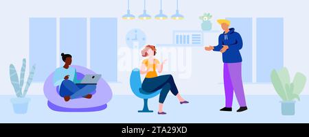 Couple evening in the room. Conversation between people. Man and woman hug and sit on couch. Happy family drinking tea or coffee at home, hot drinks. Leisure and relax. Friends communicate at room Stock Vector
