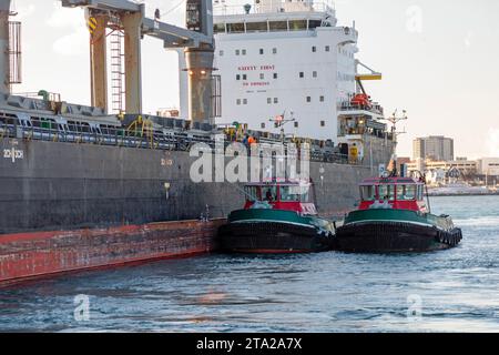 Detroit, Michigan, USA. 28th Nov, 2023. A 623-foot freighter is stuck near downtown Detroit for the second day after running aground in the Detroit River November 27. The Barbro G is carrying 21,000 tons of wheat to Italy. The tugboats Pennsylvania and Wisconsin will attempt to free the Barbro G. Credit: Jim West/Alamy Live News Stock Photo