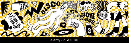 Cartoon rave music retro banner. Groovy music party with minimalist figures of dancing people o checkered background. Ideal for vintage design Stock Vector