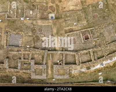 Aerial overhead view of the Ceretània museum with the archaeological site of 'El Castellot' in Bolvir (Cerdanya, Catalonia, Spain, Pyrenees) Stock Photo