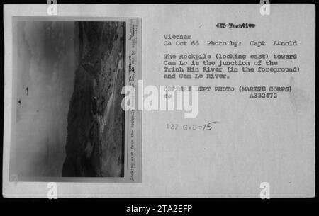 Aerial photograph captured in October 1966 depicting The Rockpile, an elevated natural formation and a key location during the Vietnam War. The image shows the view towards Cam Lo, highlighting the convergence of the Trinh Hin River and Cam Lo River. The photo was taken by Captain Arnold and is a Defense Department photo (Marine Corps). Stock Photo