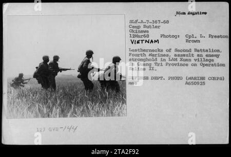 US Marines from the Second Battalion, Fourth Marines, launch an attack on a enemy stronghold in LAM Xuan village, Quang Tri Province, as part of Operation Saline II on March 12, 1968. The photograph captures the intensity and determination of the American military during the Vietnam War. Stock Photo