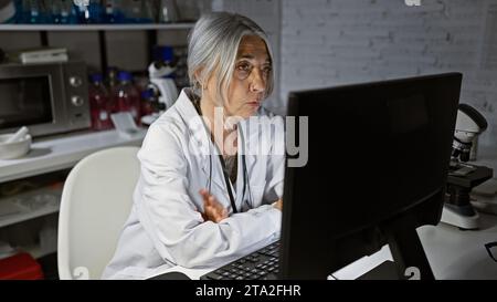 Middle age grey-haired lady scientist, focused face illuminated by the computer’s glow, diligently working on breakthrough research in a quiet, dimly Stock Photo