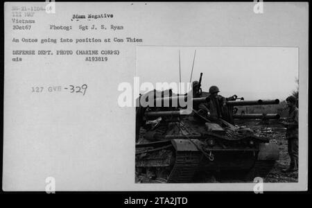 An Ontos tank is seen here moving into position at Con Thien during the Vietnam War. The photograph was taken on October 2, 1967, by Sgt J. S. Ryan. This image is part of the Defense Department photo collection (Marine Corps) with identifier number A193819. Stock Photo