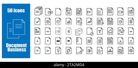 Set business document vector icon. Lined file and web doc for office. Folder symbol illustration and format pictogram report black image. Computer doc Stock Vector