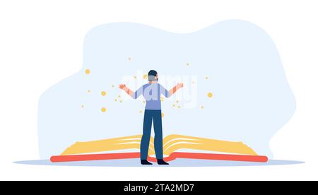 Vector illustration of person reading a book, representing the concept of educational learning in flat and cartoon style. Library is place for student Stock Vector