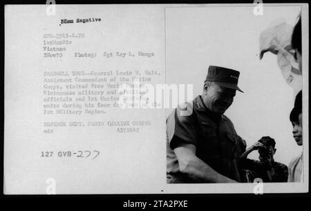 Lt. Gen Lewis W. Walt, Assistant Commandant of the Marine Corps, pictured on his farewell tour in Vietnam on November 2, 1970. He visited various units and officials in the Free World Forces and Vietnamese military, as well as civilian officials. This photo was taken by Sgt Ray L. Henge. Stock Photo