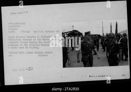 Major General Charles F. Widdecke inspects troops during an arrival ceremony at the Division Command Post, 3 miles west of Da Nang, Vietnam in April 1970. Widdecke is the new Commanding General of the 1st Marine Division. Stock Photo