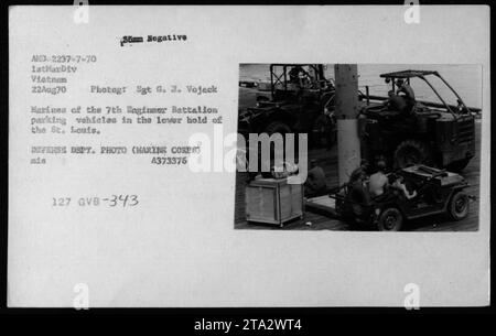 A group of military personnel from the 7th Engineer Battalion, known as Harines, are seen parking various vehicles including jeeps, mules, trucks, and dune buggies into the lower hold of the St. Louis ship. The photograph was taken on August 22, 1970, in Vietnam by Sgt G. 3. Vojeck, a Marine Corps photographer. Defense Department Photo (Marine Corps) Reference: mis 4373376 127 GVB-343 MK. Stock Photo