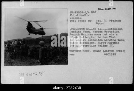 'Marines from the Second Battalion, Fourth Marines, board a CH-46 helicopter during Operation Saline II in Vietnam, 1968. The helicopters were vital in transporting troops, equipment, and supplies to various combat zones. Photo taken by Cpl. L. Preston Brown, Defense Department, US Marine Corps. Reference Number: 3D-15868-2/4.' Stock Photo