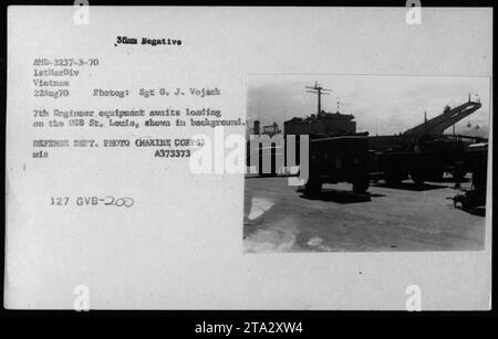 7th Engineer equipment ready to be loaded on the USS St. Louis on August 22, 1970. The photograph, taken by Sgt G. J. Vojack, shows various types of equipment, including photographic, construction, and personal supplies. This 1st Marine Division operation in Vietnam is captured in the 36mm negative AND-2237-3-70. It is an official Defense Department photo from the United States Marine Corps. Stock Photo