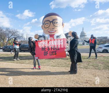 Washington, DC, USA. 28th Nov, 2023. A 15 foot George Santos balloon placed near the US Capital in Washington, DC as MoveOn organization has created this blimp demanding that Santos resign from Congress immediately in Washington, DC on November 28, 2023. Credit: Patsy Lynch/Media Punch/Alamy Live News Stock Photo
