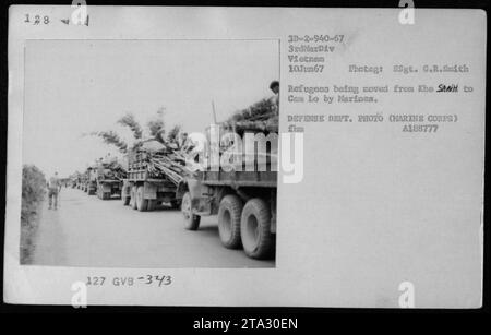 Marines from the 3rd Marine Division assist in moving refugees from Khe Sanh to Cam Lo during the Vietnam War. The image shows various vehicles, including jeeps, trucks, and dune buggies, being used for transportation purposes. Date of the photo is June 10, 1967. Stock Photo