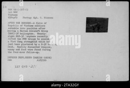 RVN soldiers take up position after disembarking from a Marine Aircraft Group (MAG)-36 helicopter on September 25, 1965. The helicopters transported the troops to search a recently bombed Viet Cong stronghold. During the four-hour follow-up, discarded weapons, money, and food were discovered. Photo by Sgt. C. Simmons, Defense Dept. A185720. Stock Photo
