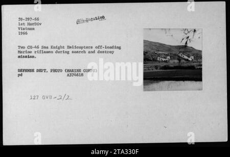 Multiple CH-46 Sea Knight helicopters are seen off-loading Marine rifleman during a search and destroy mission in Vietnam in 1966. The helicopters belong to the 1st MarDiv and this image is part of the defense department's collection of photographs of American military activities during the Vietnam war. (Source: DEFENSE DEPT. PHOTO (MARINE CORPS) pd A374618) Stock Photo