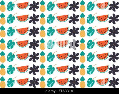Watermelon Vector illustration Pineapple Background PATTERN Tropical Leaf and Flower Stock Vector