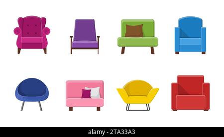 Set of different armchairs. Collection of seating types in flat style. Beautiful design elements - classic, retro or modern furniture. Stock Vector