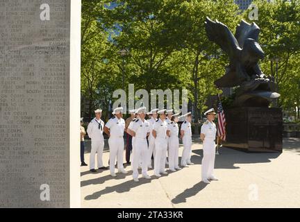 New York, USA - May 24, 2018: US Navy sailors near the East Coast Memorial in New York. Stock Photo