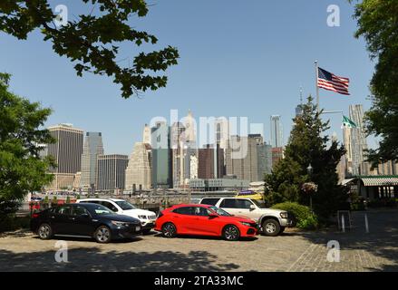 New York, USA - May 27, 2018: Cars on the parking in Dumbo in Brooklyn. Stock Photo