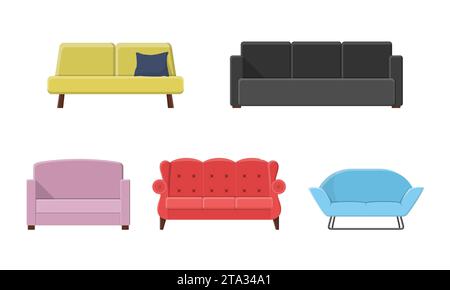 Set of different sofas. Collection soft furniture types in flat style. Beautiful design elements - classic, retro or modern furniture. Colorful Stock Vector
