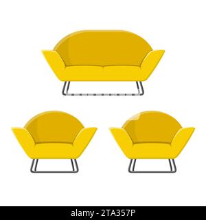 Stylish comfortable modern sofa and armchairs in flat style isolated on white background. Part of the interior of a living room or office. Stock Vector