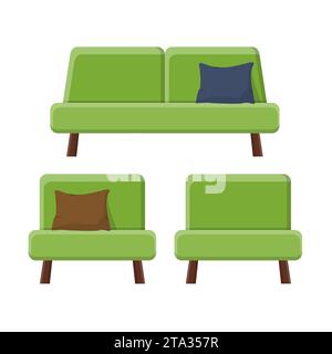 Stylish comfortable modern sofa and armchairs in flat style isolated on white background. Part of the interior of a living room or office. Stock Vector