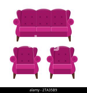 Stylish comfortable sofa and armchairs in flat style isolated on white background. Part of the interior of a living room or office. Soft furniture Stock Vector