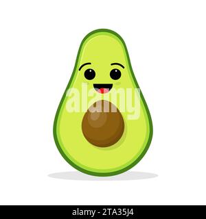 Cute funny green kawaii avocado with smile isolated on white background. Flat cartoon character kawaii illustration icon. Fruit character avocado Stock Vector