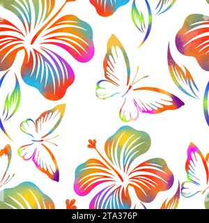 Seamless background of colored flowers with butterflies. hand drawing. Not AI, Vector illustration Stock Vector