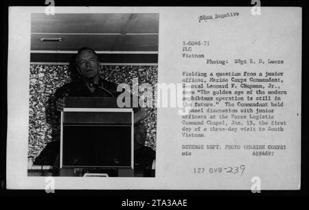 Marine Corps Commandant, General Leonard F. Chapman, Jr. engages in a panel discussion with junior officers at the Force Logistic Command Chapel during his visit to South Vietnam. General Chapman mentions that the golden age of modern amphibious operations is still in the future. Stock Photo