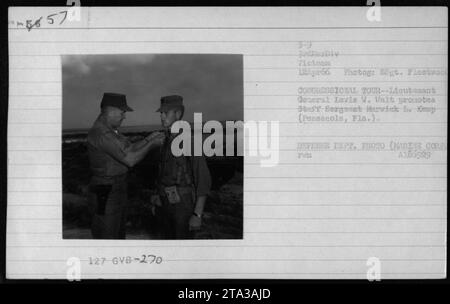 Lieutenant General Lavis W. Walt promotes Staff Sergeant Marwick L. Keup during a Congressional tour in April 1966. The event took place during the Vietnam War. This photograph was taken by SSgt. Fleetwood and is part of the collection documenting American military activities of the time. Stock Photo