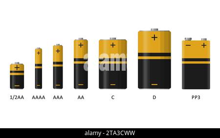 Alkaline battery set with different sizes isolated on white background. Rechargeable batteries flat modern style. Vector illustration. Stock Vector