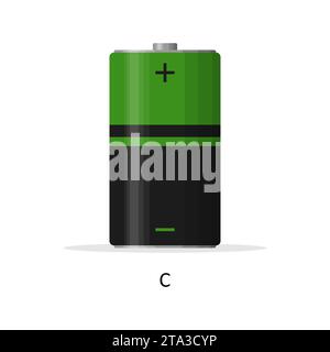 Alkaline battery C isolated on white background. Rechargeable battery energy storage cells flat modern style. Vector illustration. Stock Vector