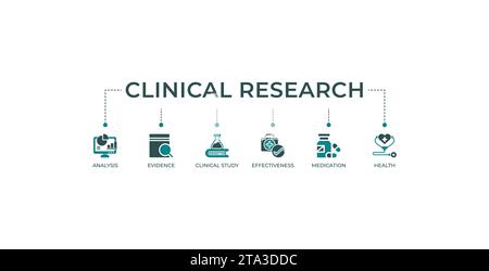 Clinical research banner web icon vector illustration concept with icon of analysis, evidence, clinical study, effectiveness, medications and health. Stock Vector
