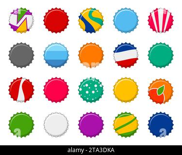 Colorful bottle caps set isolated on white background. Labels in the form of bottle aluminum caps, Soda or juice bottle tops icon. Vector illustration Stock Vector