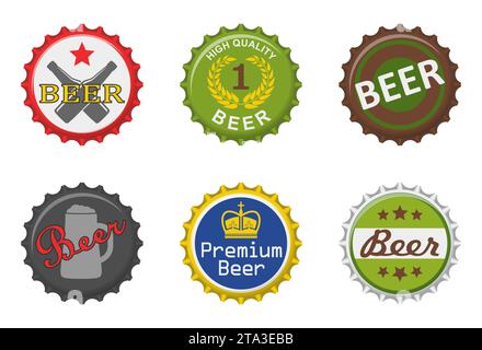Colorful bottle beer caps set isolated on white background. Labels in the form of bottle aluminum caps, Beer bottle tops icon. Vector illustration. Stock Vector