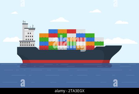 Cargo ship with containers in ocean. Freight transport with loaded container ship. Import and export maritime logistic service. International delivery Stock Vector