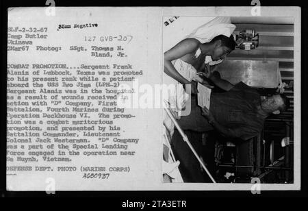 Combat promotion ceremony aboard the USS Iwo Jima (LPH-2) held on March 2, 1967. Sergeant Frank Alaniz from Lubbock, Texas, was promoted to his current rank as a result of wounds received in action during Operation Deckhouse VI. The combat meritorious promotion was presented by Lieutenant Colonel Jack Westerman, his Battalion Commander. Stock Photo