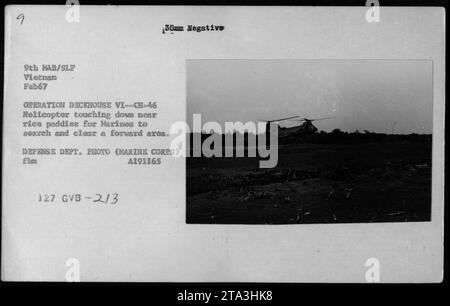 A U.S. Marine helicopter lands near rice paddies during Operation Deckhouse Vich-46 in February 1967. Marines disembark to search and clear a forward area. Photograph taken by the Department of Defense (Marine Corps) during a military activity in Vietnam. Stock Photo