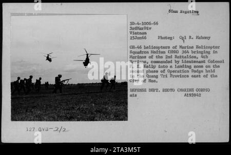 Caption: CH-46 helicopters from Marine Helicopter Squadron Medium (90) 364, during the second phase of Operation Dodge on June 25, 1966. The helicopters are seen bringing in Marines of the 2nd Battalion, 4th Marines, led by Lt. Col. P. X. Kelly, to a landing zone in the Quang Tri Province, east of the City of Hue. Photograph taken by Cpl. R. Mahrmy. DEFENSE DEPT. PHOTO (MARINE CORPS) mis A193942. Stock Photo