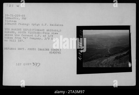 'Factual caption for the image: This photograph, taken on March 10, 1965, shows the forward command post (C.P.) of the 3rd Battalion, 9th Marine Regiment (3/9) in Da Nang, South Vietnam during the Vietnam War. The image was captured by Gysgt R.F. Hallahan and shows the C.P. from 'K' Company, 3/9 overlooking Hill 327.' Stock Photo