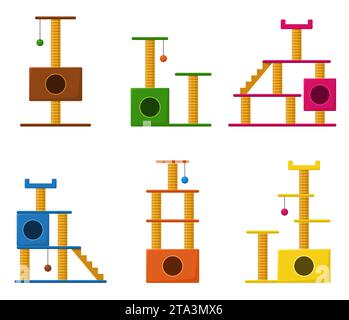 Cat towers and scratching post set isolated on white background. Cat tree with cat house, Furniture set for kittens. Collection of playground Stock Vector