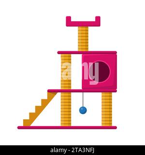 Cat tower and scratching post isolated on white background. Cat tree with cat house, Furniture for kittens. Cat playground accessories Stock Vector
