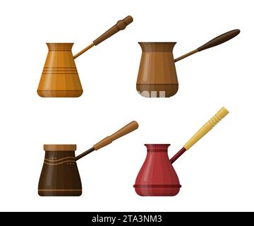 Coffee cezve set isolated on white background.. Bowl with a handle for making coffee on the stove. Turkish pots of coffee. Hand-drawn coffee makers. Stock Vector