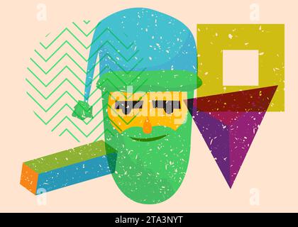 Risograph Santa Claus head with geometric shapes. Objects in trendy riso graph print texture style design with geometry elements. Stock Vector