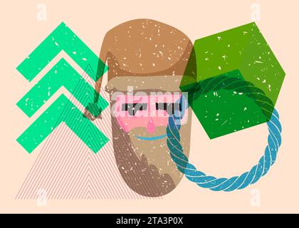 Risograph Santa Claus head with geometric shapes. Objects in trendy riso graph print texture style design with geometry elements. Stock Vector