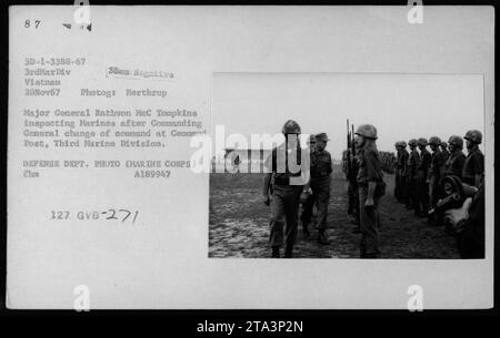 Image: Major General Rathvon MeC Tompkins inspecting Marines after Commanding General change of command at the Command Post of the Third Marine Division during the Vietnam War. Soldiers and military officials including Hubert Humphrey, Gen William Westmoreland, and Sen Harry F Byrd can be seen in the photograph. Taken on November 28, 1967. Stock Photo