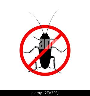 Cockroach insect in a red forbidding circle isolated on white background, Pest bug icon top view. The stop cockroach icon is forbidding sign. Stock Vector