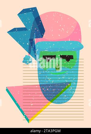 Risograph Santa Claus head with geometric shapes. Objects in trendy riso graph print texture style design with geometry elements. Stock Vector